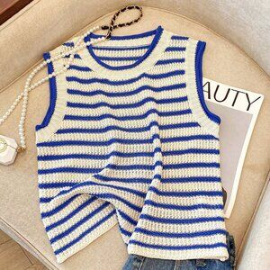 Casual Women's Contrasting Stripe Knit Sleeveless Cropped Vest top - blue